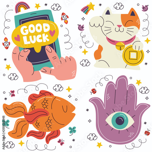 Good luck charms including phone with message maneki-neko cat koi fish hamsa
