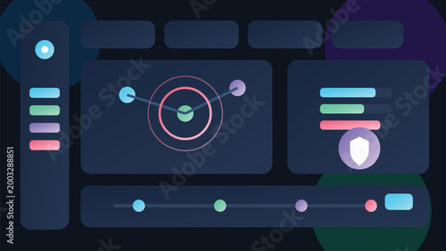 Dark analytics dashboard interface with radar chart KPI widgets neon SaaS admin panel template for reporting systems