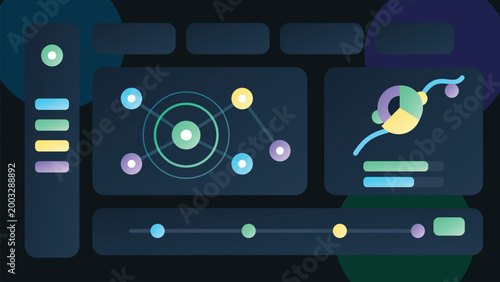 Dark analytics dashboard interface with network graph pie chart neon SaaS admin panel template for reporting systems