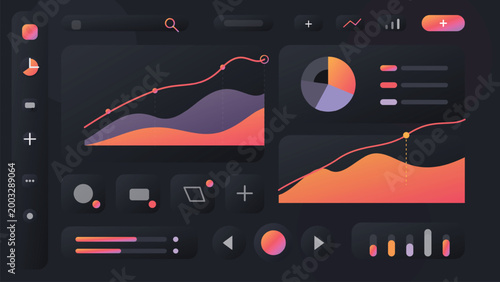 Dark analytics dashboard interface with growth charts pie graph KPI widgets neon SaaS admin panel template for reporting software systems