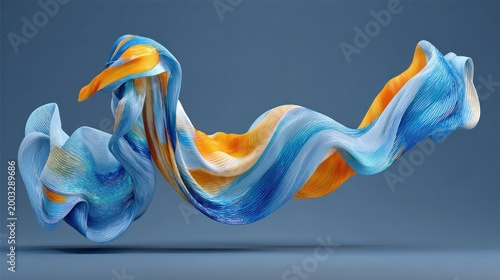 Flowing abstract ribbon displays dynamic wave of vibrant blue and warm orange colors