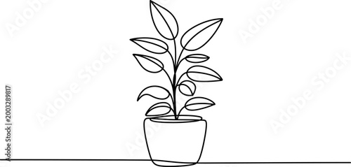 Continuous single line drawing of a small houseplant in a ceramic pot