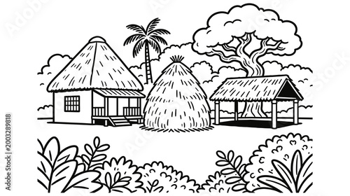 Quiet rural village home with large haystack and big tree for coloring book page design.