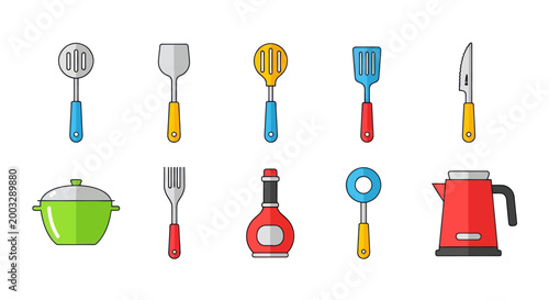Colorful kitchen utensils and appliances