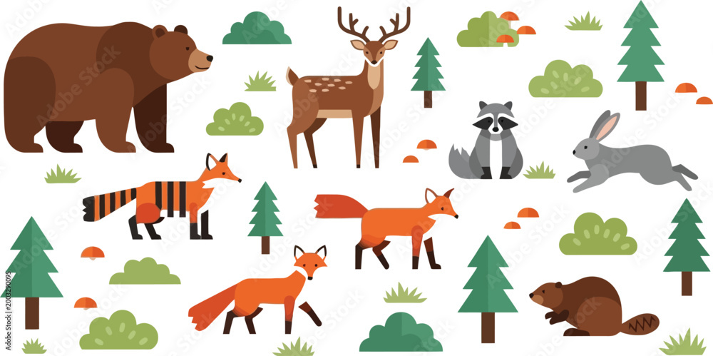 Obraz premium Forest animals set bear deer fox raccoon rabbit and beaver in woodland landscape nature wildlife cartoon vector illustration collection