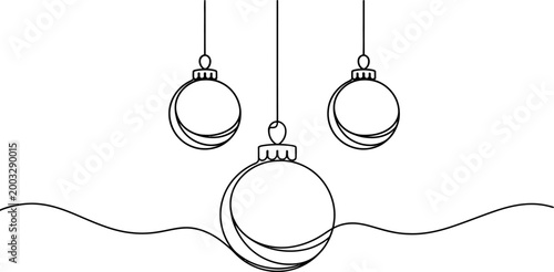 Three christmas bauble ornaments hanging in a simple continuous line art style for holiday decoration and festive winter season greeting card design elements