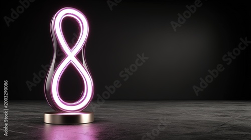 Neon number eight glowing on a dark background with a metallic base