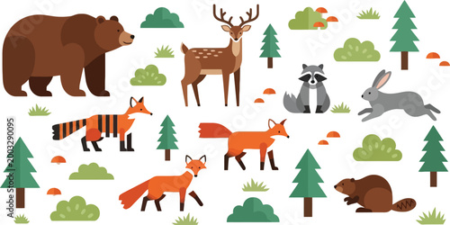 Forest animals set bear deer fox raccoon rabbit and beaver in woodland landscape nature wildlife cartoon vector illustration collection