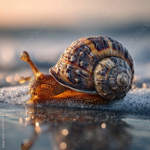 Large spiral sea snail shell resting on wet reflective sand during golden hour with bokeh water droplets. AI generated image