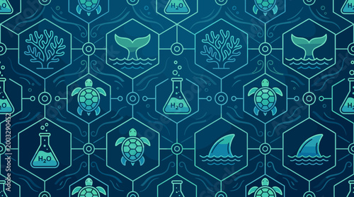 Marine life protection icons and aquatic conservation symbols integrated into a sleek seamless repeating pattern for ocean