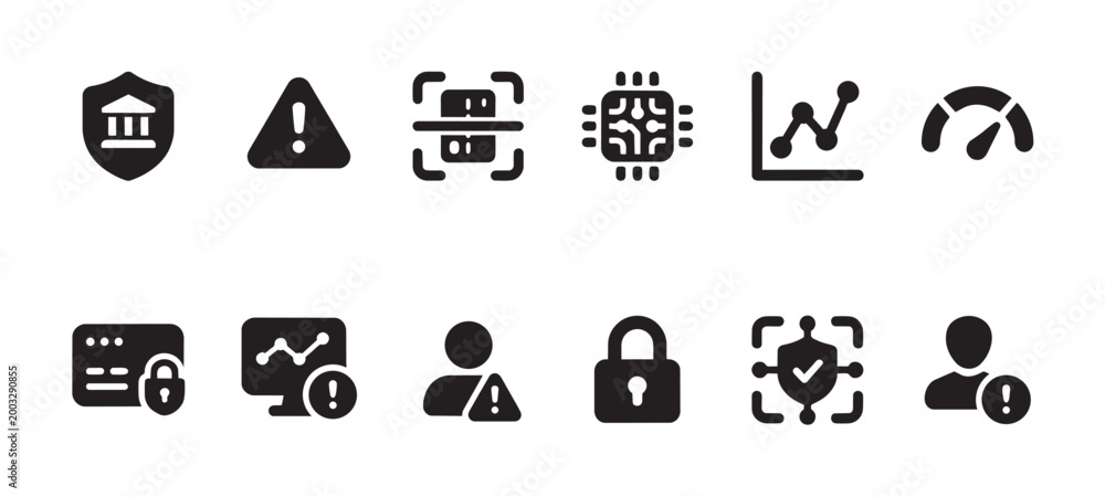 Obraz premium A collection of black vector icons depicting security concepts like banking, warnings, scanning, technology, and data analysis, suitable for digital use.