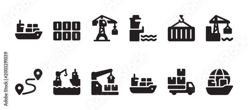 Collection of shipping and logistics icons featuring cargo ships, cranes, containers, trucks, and delivery routes for global trade and transportation.