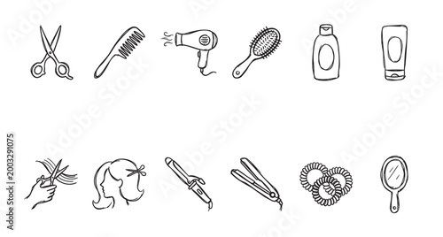 A collection of simple, hand-drawn black and white icons representing various hair salon tools and products arranged in two rows against a white background.