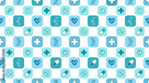 Healthcare symbols and medical research icons integrated into a seamless repeating pattern for pharmaceutical and clinical use.