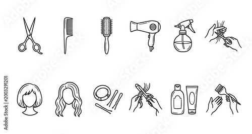 A clean line art collection featuring essential hairdressing tools and icons, including scissors, combs, hair dryers, and styling elements.