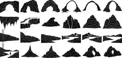 Black Silhouette Cave Mountain and Natural Rock Arch Collection Including Stalactites Canyon Cliff and Desert Landscape