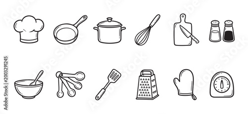A collection of hand-drawn kitchen utensils and cooking tools including a chef's hat, pots, pans, and baking accessories, perfect for recipe blogs or culinary design.