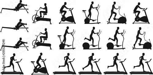 Black Silhouette Gym Cardio and Fitness Equipment Set Including Treadmill Elliptical Stationary Bike Rowing Machine and Running Poses