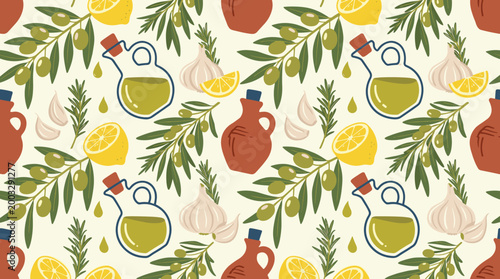 Mediterranean diet ingredients pattern with olives, lemons, garlic, and olive oil