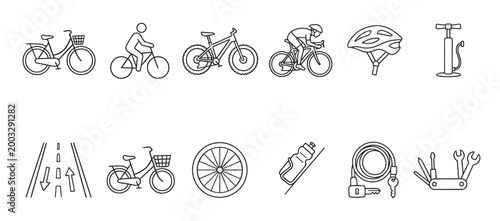 A collection of simple black and white line icons representing various cycling elements, including different bicycle types, a rider, helmet, pump, road, wheel, bottle, lock, and multitool.