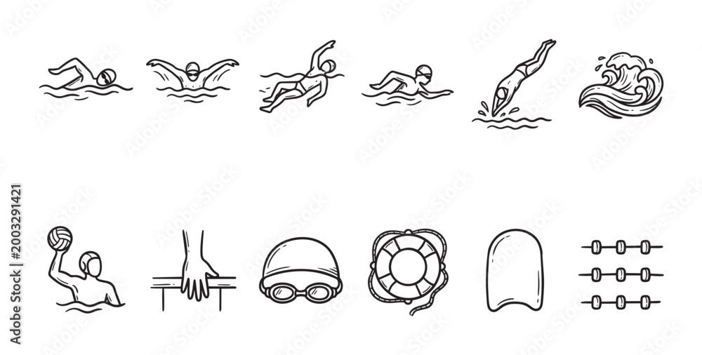 Obraz premium A collection of black and white hand-drawn icons representing various swimming sports and water activities, including strokes, diving, water polo, and equipment.