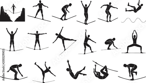 Black Silhouette Slacklining Tightrope Walking and Balance Sport Collection with Various Athletic Poses