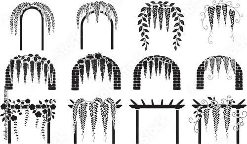 Black Silhouette Floral Garden Arch and Pergola Collection with Wisteria Hanging Flowers Brick Arch and Trellis Designs