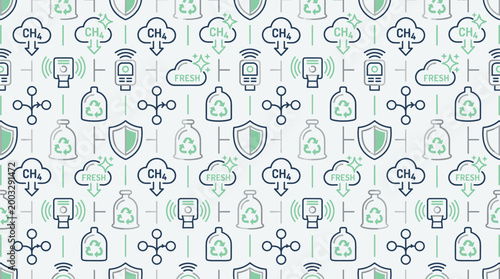 Methane reduction icons and air quality symbols arranged in a sophisticated seamless repeating pattern for environmental science