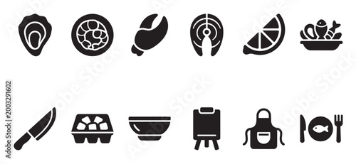 A collection of black and white icons representing seafood ingredients, cooking utensils, and a prepared meal, suitable for culinary or restaurant concepts.