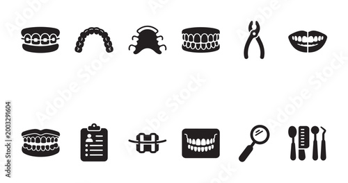 A collection of black dental icons on a white background, representing various aspects of oral health and dentistry, perfect for medical and health content.