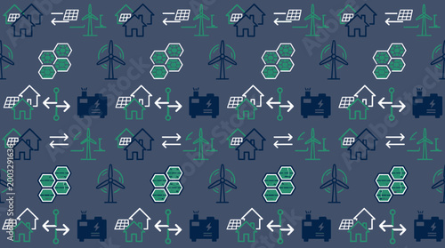 Microgrid technology symbols and decentralized power icons arranged in a sophisticated seamless repeating pattern for local energy