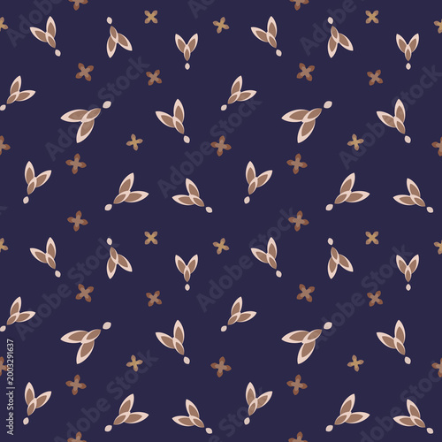 Navy minimal leaf seamless pattern, soft botanical toss design, elegant floral digital paper for fabric and wallpaper, clothes, scarf, invitation cards, posters, textile printing.
