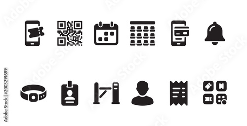 A clean, modern icon set representing various elements of event access, including digital tickets, QR codes, calendars, seating, and security.