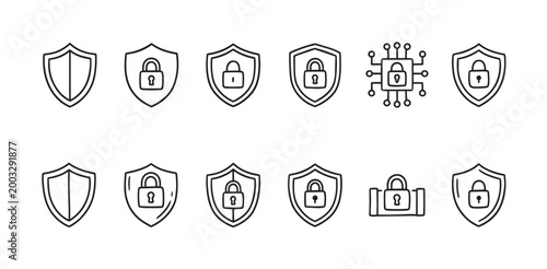 A collection of hand-drawn line art icons representing security, privacy, and digital protection, including shields and padlocks.