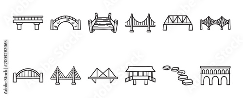 A whimsical collection of various bridge illustrations in a simple black and white outline style, perfect for design projects needing architectural elements.
