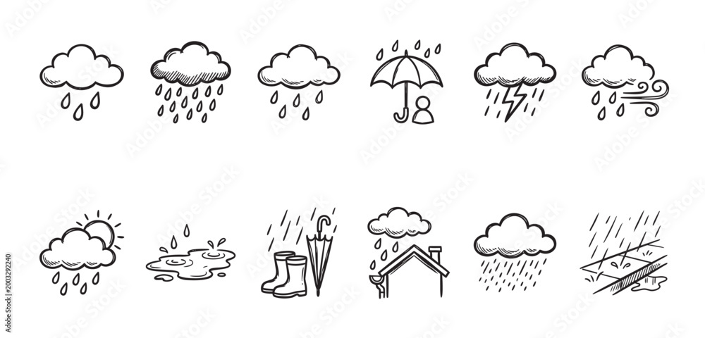 Obraz premium A collection of simple, hand-drawn black and white icons representing various weather conditions including rain, thunder, wind, sun, and puddles.