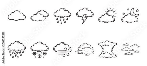 A collection of hand-drawn weather icons featuring various cloud formations representing different atmospheric conditions like rain, snow, wind, thunder, sun, and moon.