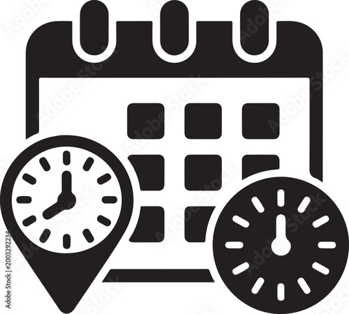 Time date and location icon set including clock calendar and address pin marker symbols.