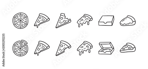 A collection of simple black and white line drawings depicting whole pizzas, pizza slices, and pizza boxes in various states of being eaten or prepared.