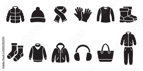 A collection of black silhouette icons representing various winter clothing items and accessories on a white background, perfect for design and fashion themes.