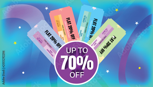 Vibrant banner with discount vouchers on a blue-purple gradient and glowing stars. Features Up to 70% Off.