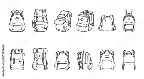 A collection of diverse backpack illustrations in a simple hand-drawn sketch style on a white background, ideal for travel, school, or outdoor themes.