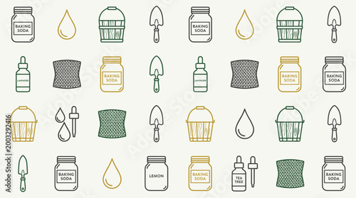 Natural cleaning ingredient icons and sustainable household symbols arranged in a sophisticated seamless repeating pattern for