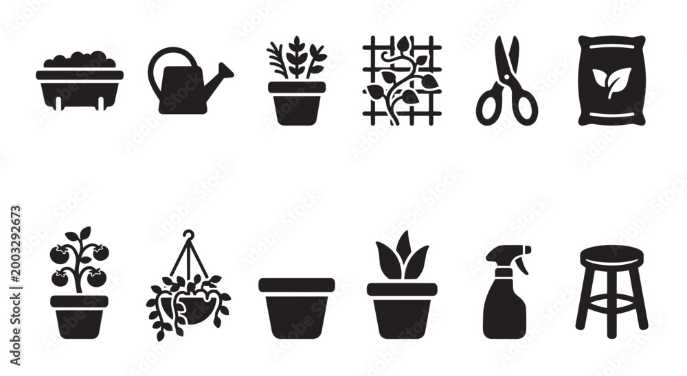 Obraz premium A collection of silhouette icons related to gardening including plants pots watering can scissors and soil conveying growth and care.