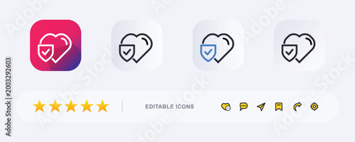 Health insurance icon set with heart and shield symbols plus social media engagement buttons for app interface and website trust elements