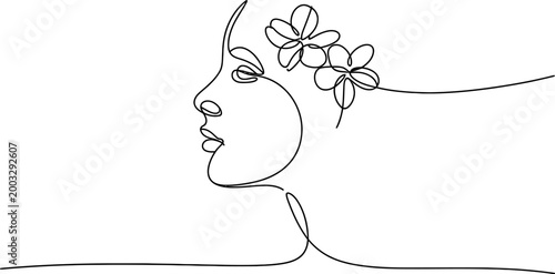 Continuous single line drawing of a beautiful woman profile with flower blossoms in her hair minimalist art style