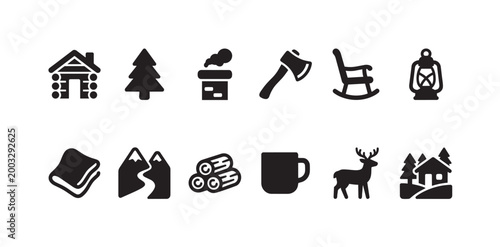 A collection of simple black icons depicting elements of cabin life, including a log cabin, trees, axe, rocking chair, lantern, and wildlife.