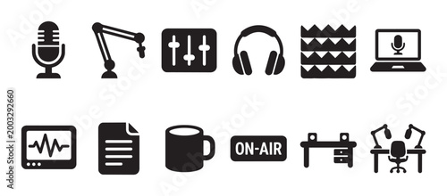 A collection of black icons depicting elements for radio broadcasting and podcasting, including microphones, headphones, and studio equipment for a professional setup.