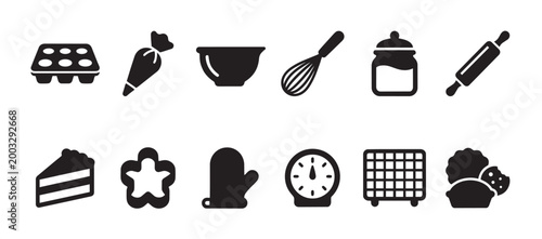 Collection of simple black icons depicting baking tools and finished treats like cookies, cake, and pastries on a white background.