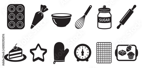 A collection of black and white vector icons depicting various baking tools, ingredients, and desserts, perfect for culinary blogs or recipe sites.